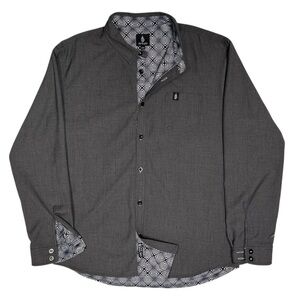 THREYDA Button Up Shirt - Gray w/ Black & White Psychedelic Artwork Lining - 4XL